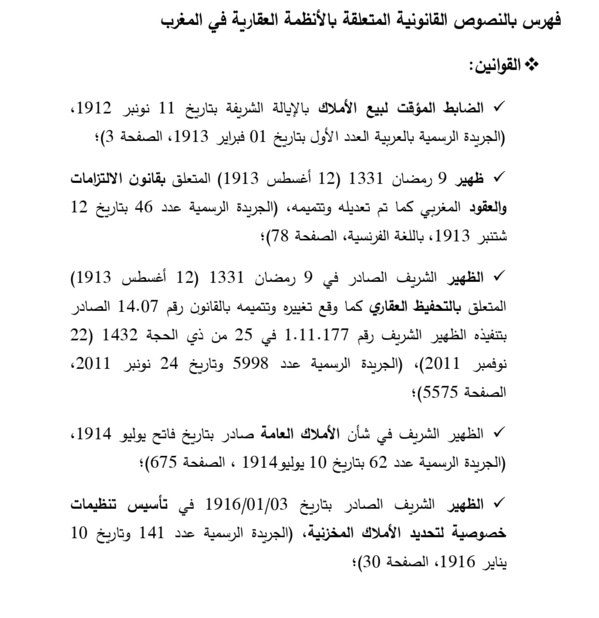 فهرس بالنصوص القانونية المتعلقة بالأنظمة العقارية في المغرب