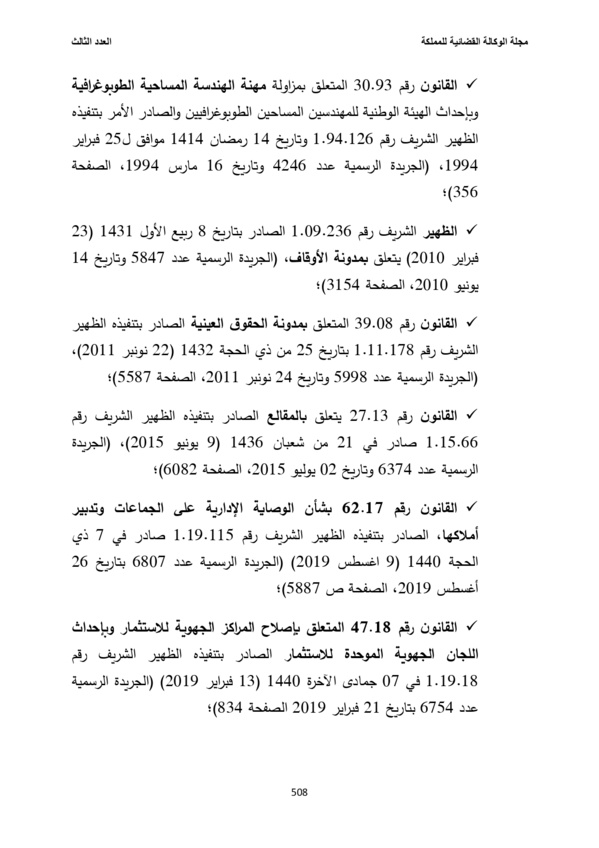 فهرس بالنصوص القانونية المتعلقة بالأنظمة العقارية في المغرب