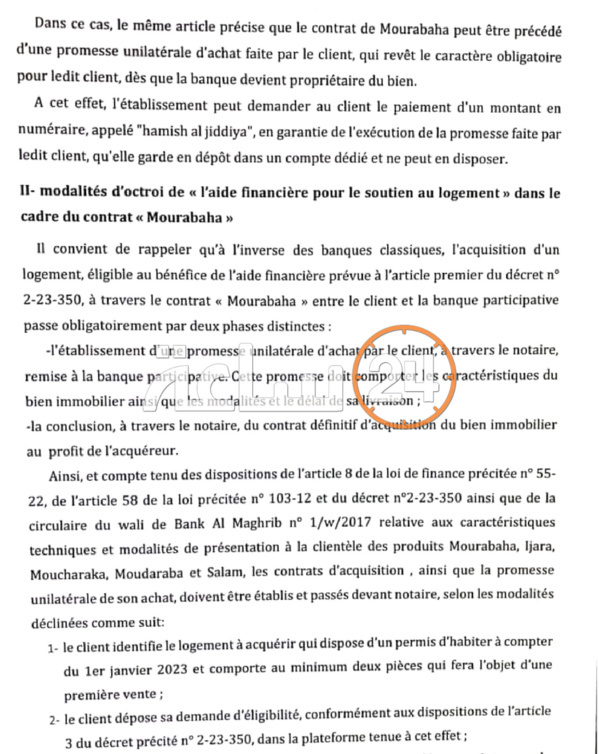 NOTE DE SERVICE RELATIVE AU MODE OPÉRATOIRE POUR BÉNÉFICIER DE L'AIDE FINANCIÈRE DE L'ETAT DESTINEE A L'ACQUISITION DES LOGEMEMTS A TRAVERS UN CONTRAT MOURABAHA