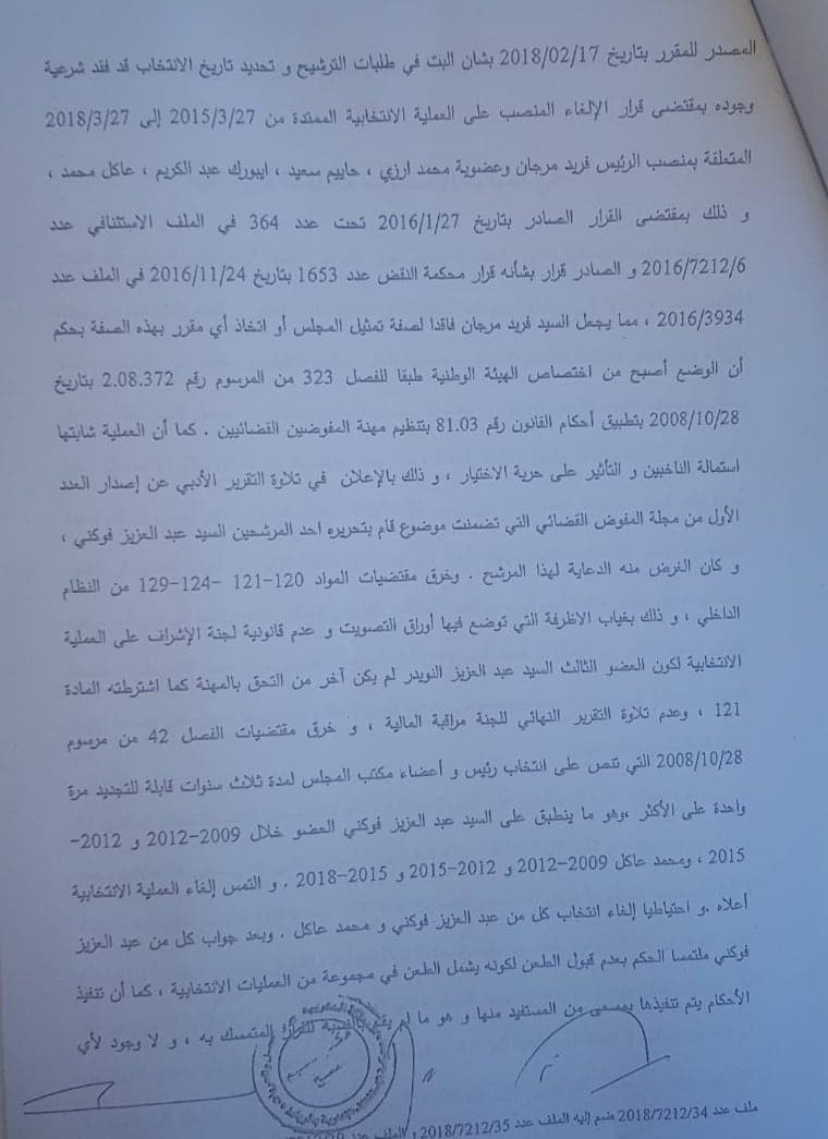  حصريا القرار الإستئنافي الصادر في قضية (فوكني وعاكل) المتعلقة بإنتخابات المجلس الجهوي للمفوضين القضائيين بالدار البيضاء