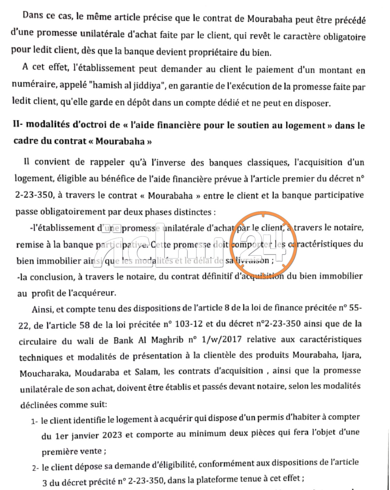 NOTE DE SERVICE RELATIVE AU MODE OPÉRATOIRE POUR BÉNÉFICIER DE L'AIDE FINANCIÈRE DE L'ETAT DESTINEE A L'ACQUISITION DES LOGEMEMTS A TRAVERS UN CONTRAT MOURABAHA