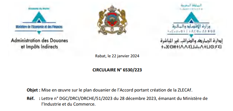 Circulaire : MISE EN ŒUVRE SUR LE PLAN DOUANIER DE L'ACCORD PORTANT CRÉATION DE LA ZLECAF.