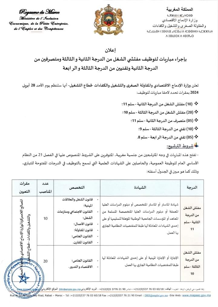 إعلان توظيف 35 متصرف ومفتش شغل "تخصص القانون" بوزارة الإدماج الاقتصادي والمقاولة الصغرى والتشغيل والكفاءات - اخر أجل 2024/4/12