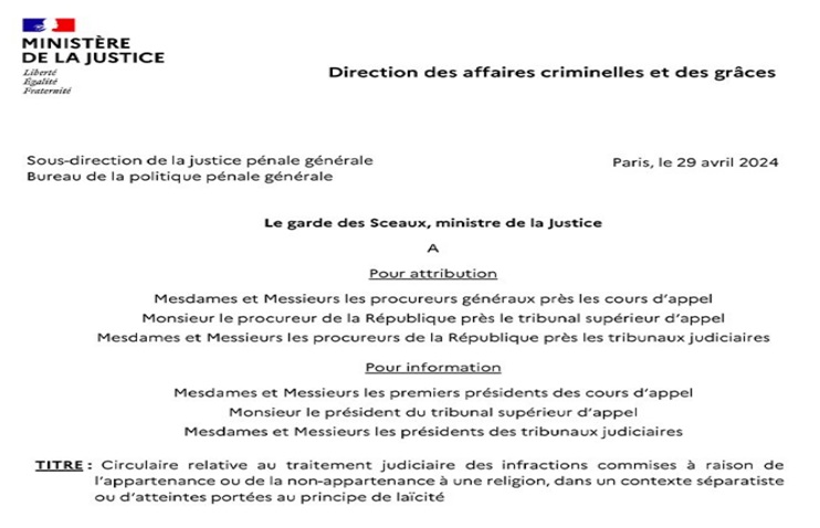 Une circulaire aux procureurs de 29 avril 2024 visant à contrer les violences envers les personnes perçues comme insuffisamment religieuses.